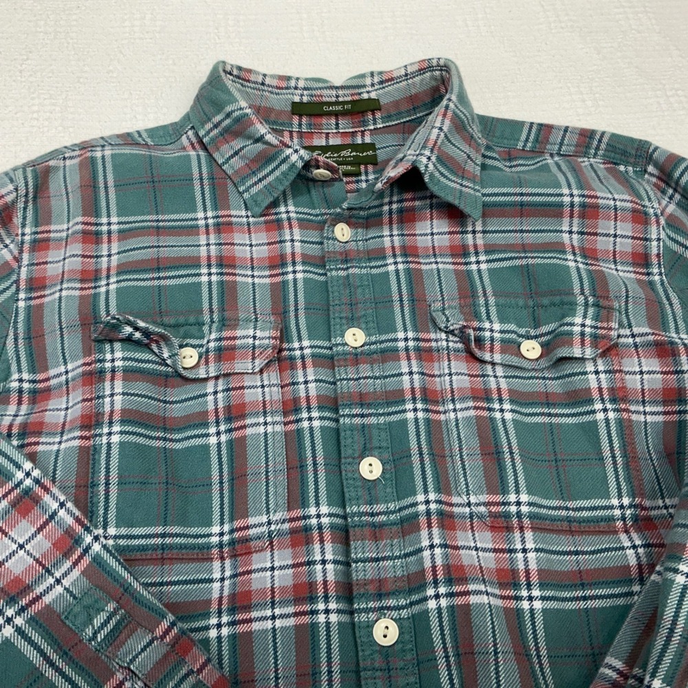 Eddie Bauer Mens Classic Fit Flannel Shirt Large Teal Red Plaid Long Sleeve L - Picture 2 of 10